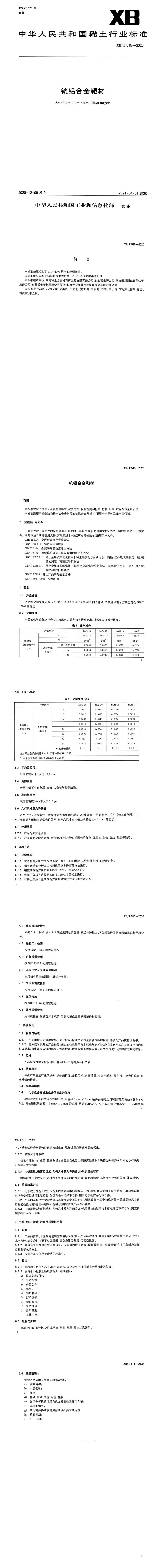 XB_T 515-2020 钪铝合金靶材